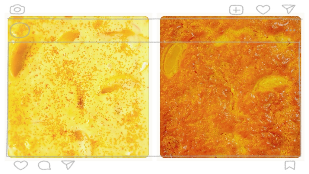 A side-by-side image of two squares. The image on the left is a pale batter of raw peach cobbler. The image on the right is the same cobbler, but cooked until golden brown.